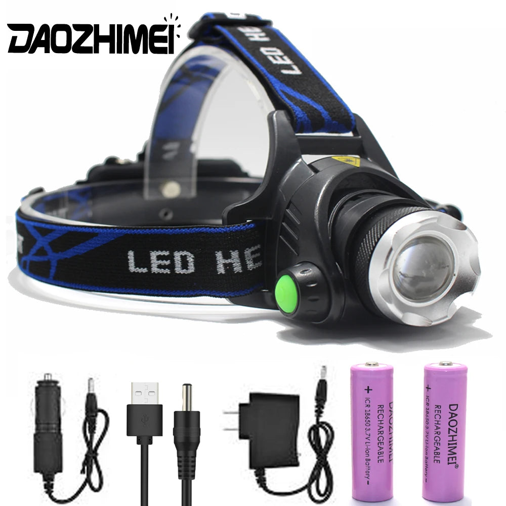lampe frontale led rechargeable noir bleu vert rayures modernes pratique ceinture ajustable batteries chargeur