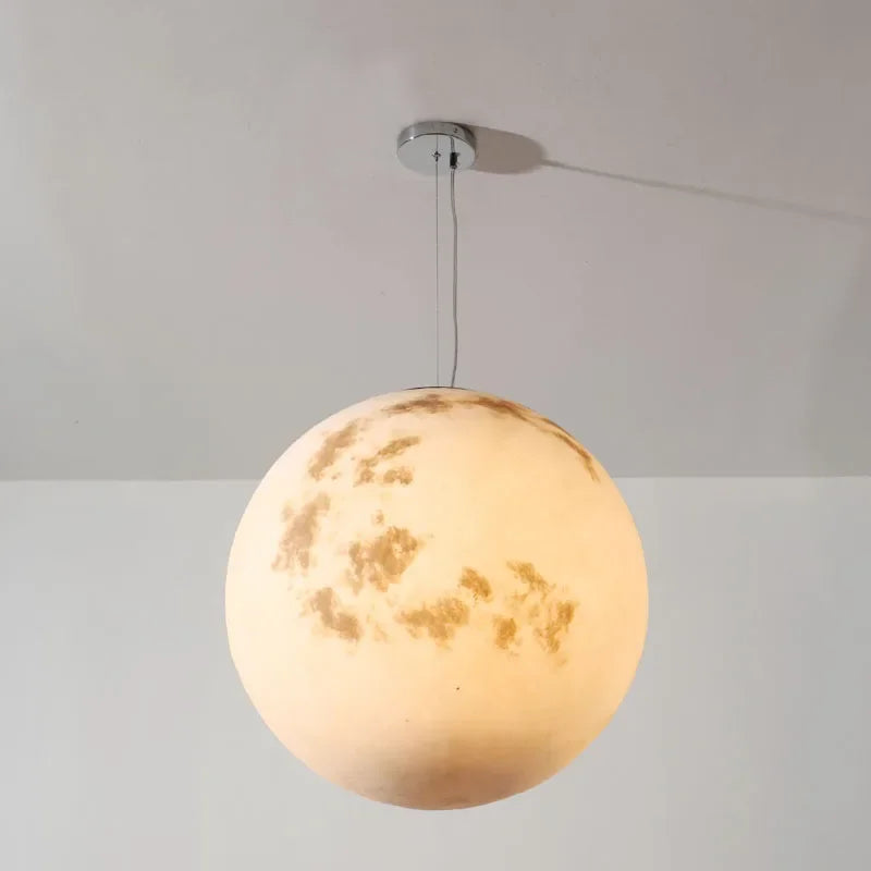 Suspension lumineuse moderne acrylique blanc texture lunaire fil blanc crochets métalliques 20cm 25cm 30cm