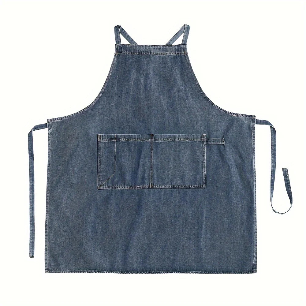 tablier bleu denim coton robuste bretelles réglables poche devant rustique cuisine pâtisserie