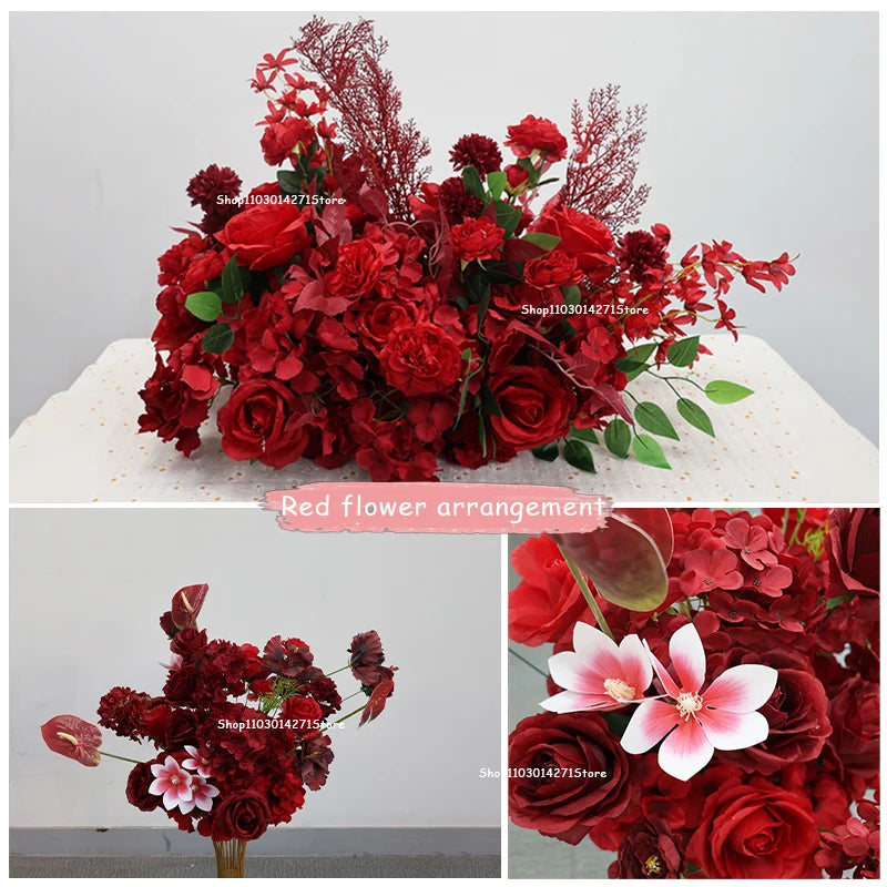 décoration maison arrangement floral artificiel rouge roses hydrangéas anthuriums anniversaire mariage