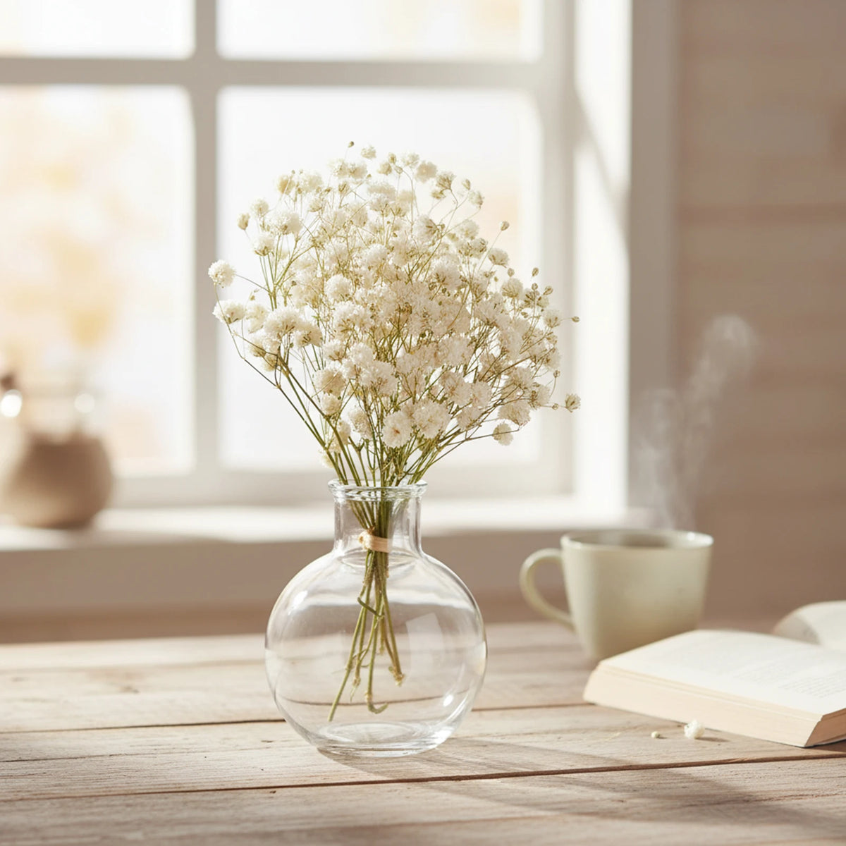 bouquet fleurs séchées baby's breath gypsophile herbe amours décoration mariage intérieur vase transparent