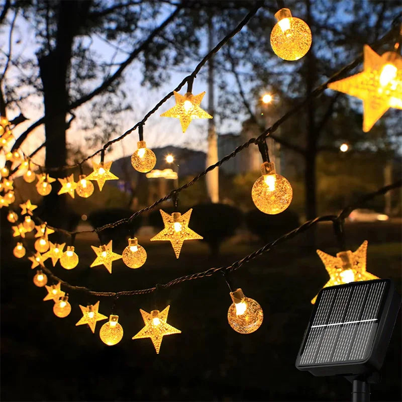 guirlande lumineuse solaire or doré étoiles boules translucides clips moderne extérieur jardin patio