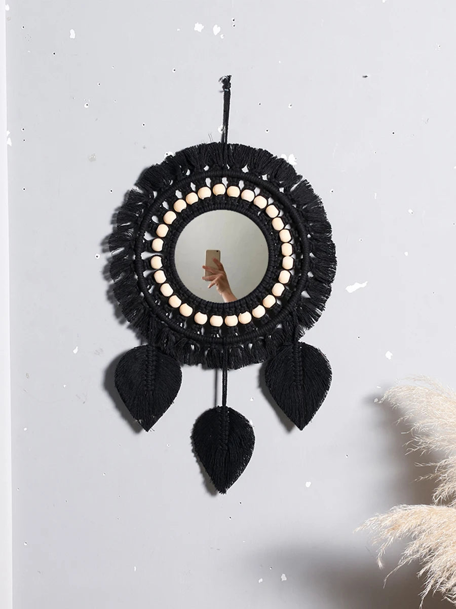 miroir boho blanc macramé franges deco mur salon chambre bébé artisanal