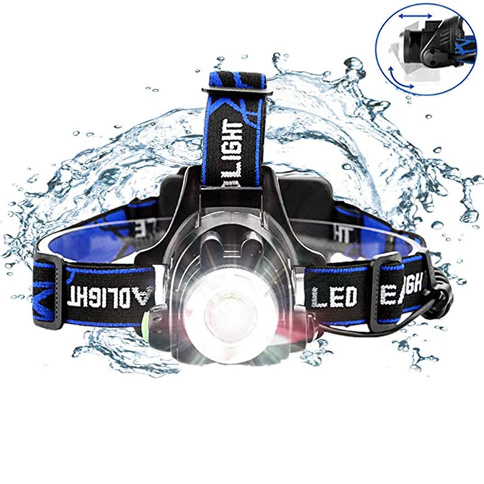 lampe frontale led noir bleu tissu texturé métal brillant chargeur usb adaptateur secteur sac