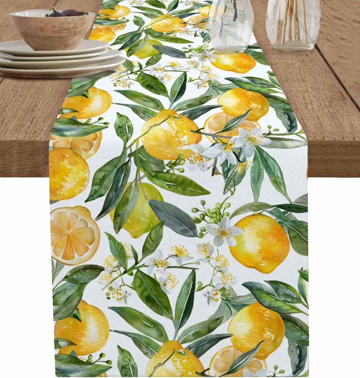 tableau chemin table lin citrons feuilles fleurs blanc jaune vert printemps naturel décoratif
