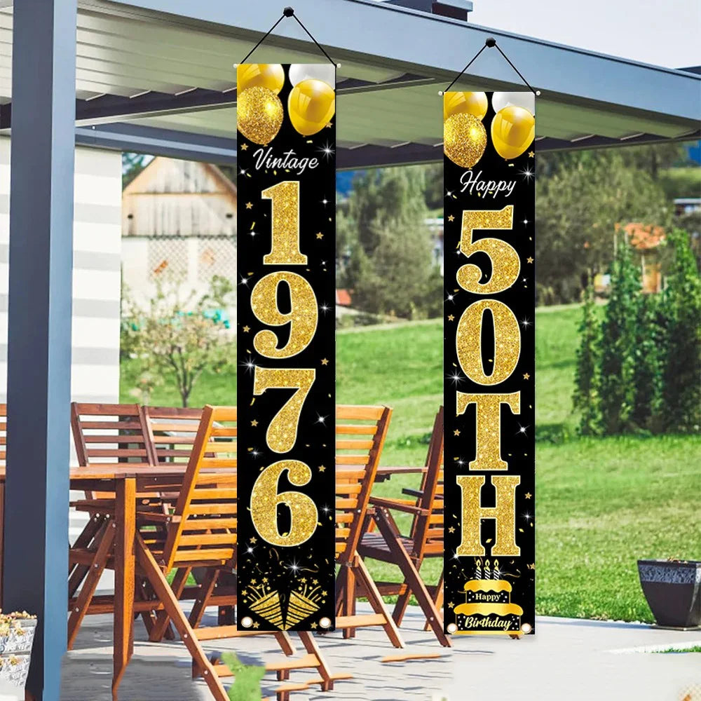bannière fête anniversaire noir doré lettres ballons étoiles 180cm 30cm vintage clips