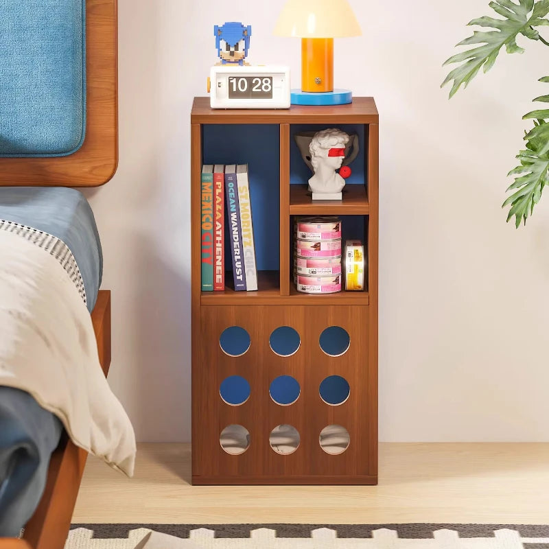 rangement moderne meuble bas multi compartiments minimaliste bois marron foncé bleuclair opaque