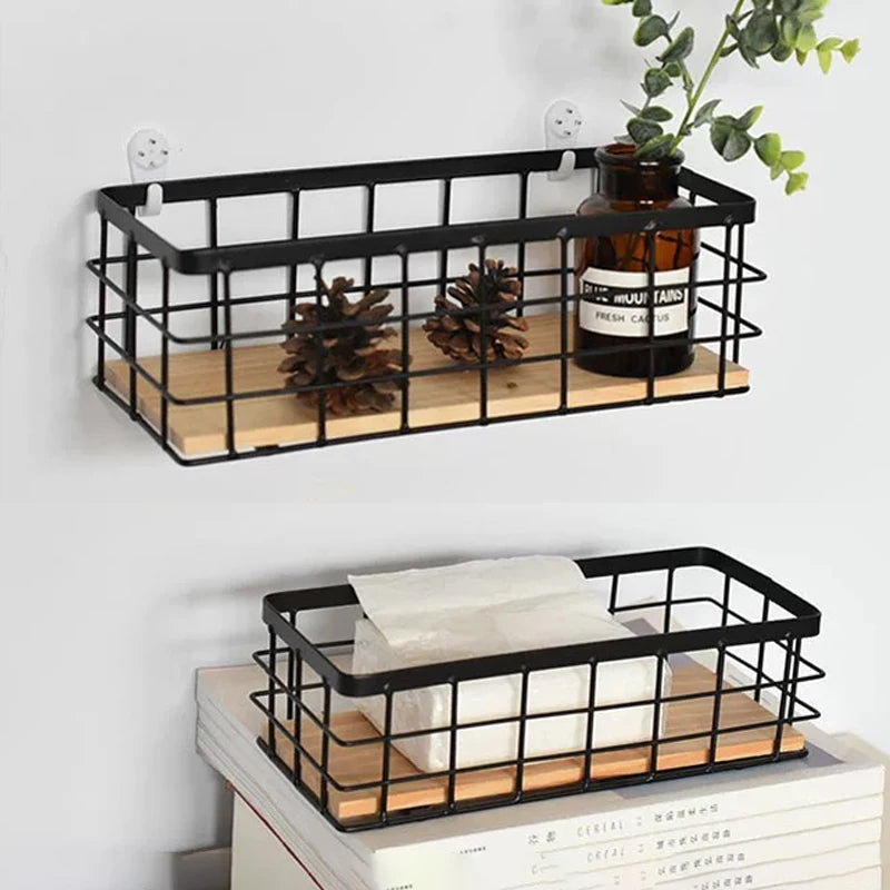 panier métallique industriel noir plateau bois rangement cuisine salle bains