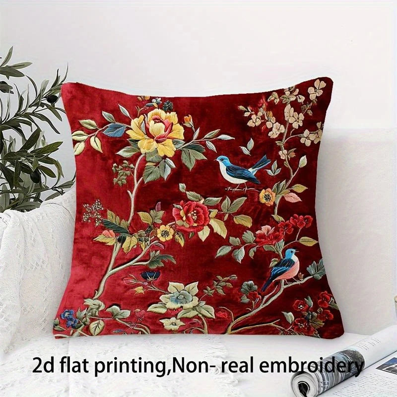 taies d'oreiller décoratives imprimées floral motifs fleurs oiseaux polyester vert clair blanc zip 45x45cm