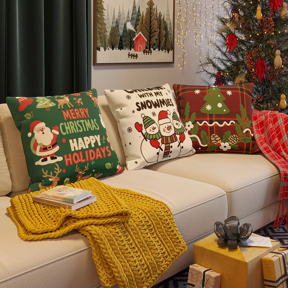 housse coussin noël imprimé père noël rennes arbre décoration maison festive 45x45cm polyester blanc
