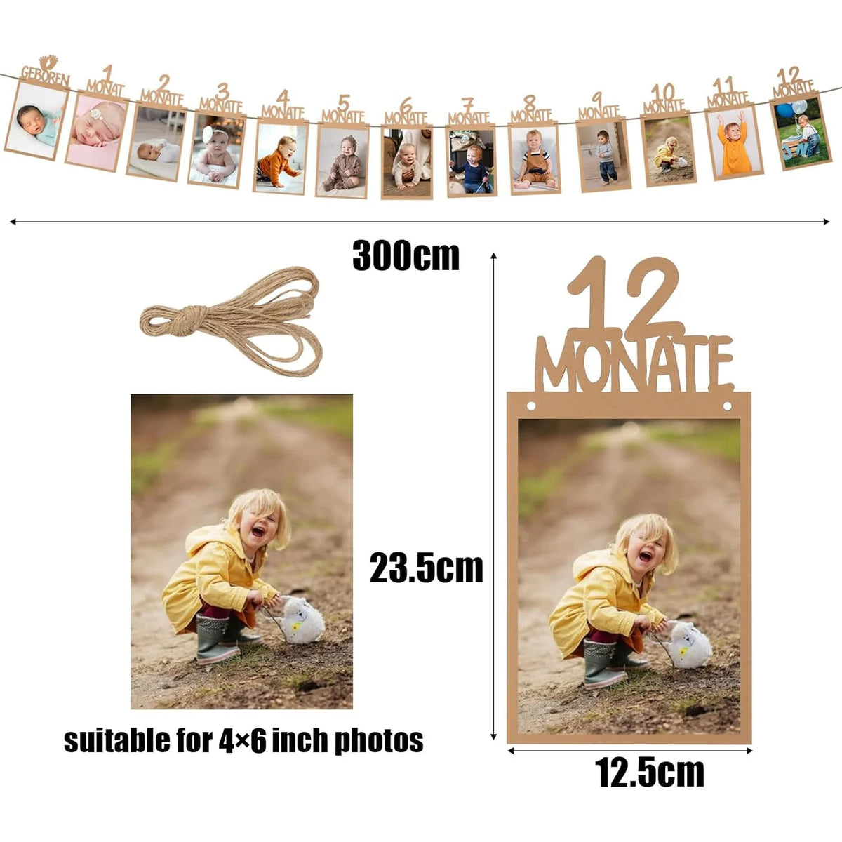 cadre photo mural anniversaire bébé moderne ruban rose pâle texture bois marron clair cartes
