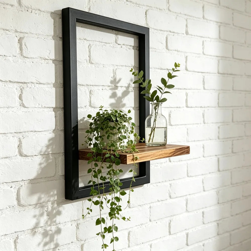 présentoir suspendu bois cadre noir étagère murale industrielle plantes photos vases bougies