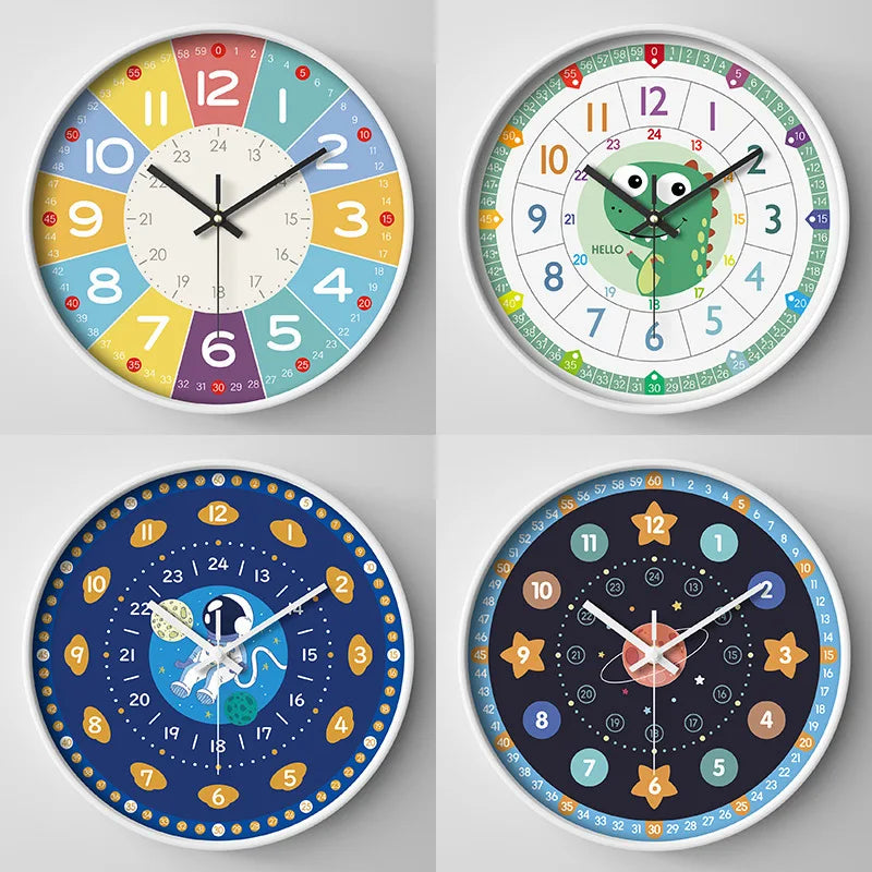 horloge murale moderne dessins animés couleurs vives chiffres romains sans tic tac enfants décoration