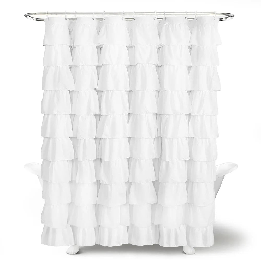 rideau douche blanc volants classique anneaux métalliques polyester opaque moderne
