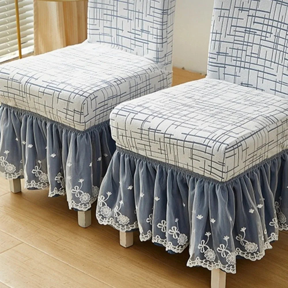 housse chaise moderne élégante polyester coton blanc bleu vert dentelle adhésive salon classique