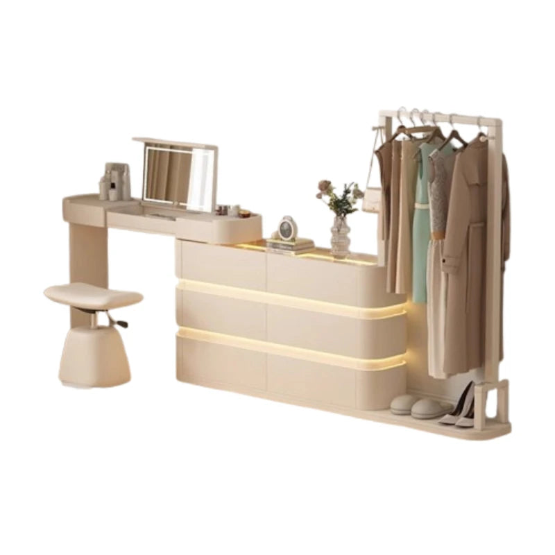coiffeuse bois moderne beige miroir tiroirs tabouret étagère rangement chambre coucher