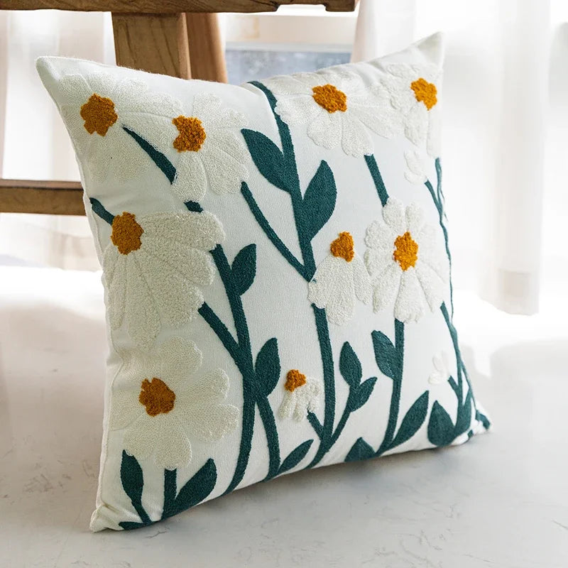 Coussin Carré Coréen Anti Décubitus Coton Polyester Tricot Fleur Brodé Amovible Lavable Moderne