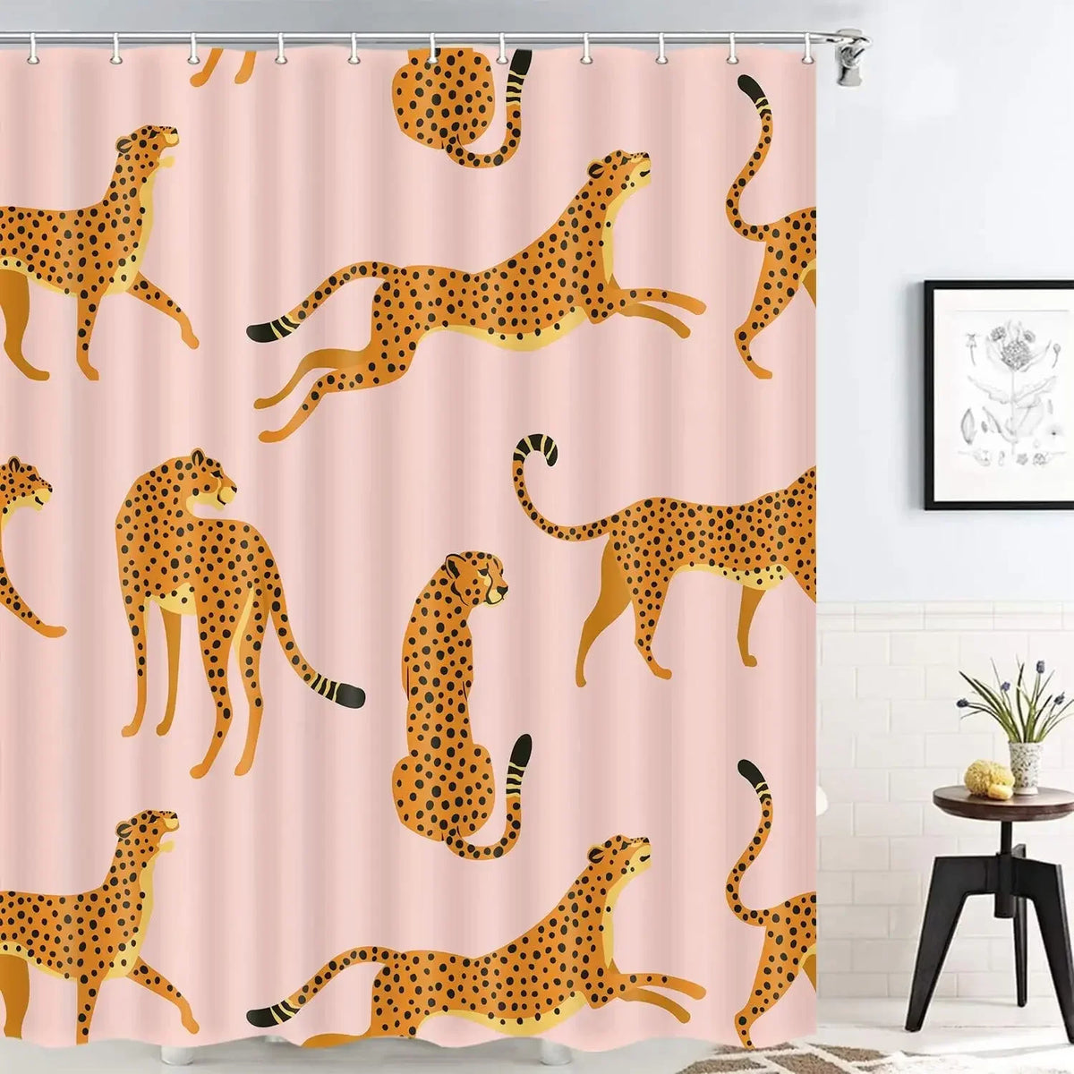 rideau douche moderne imprimé léopards sautants rose clair orange noir vert opaques anneaux rideau