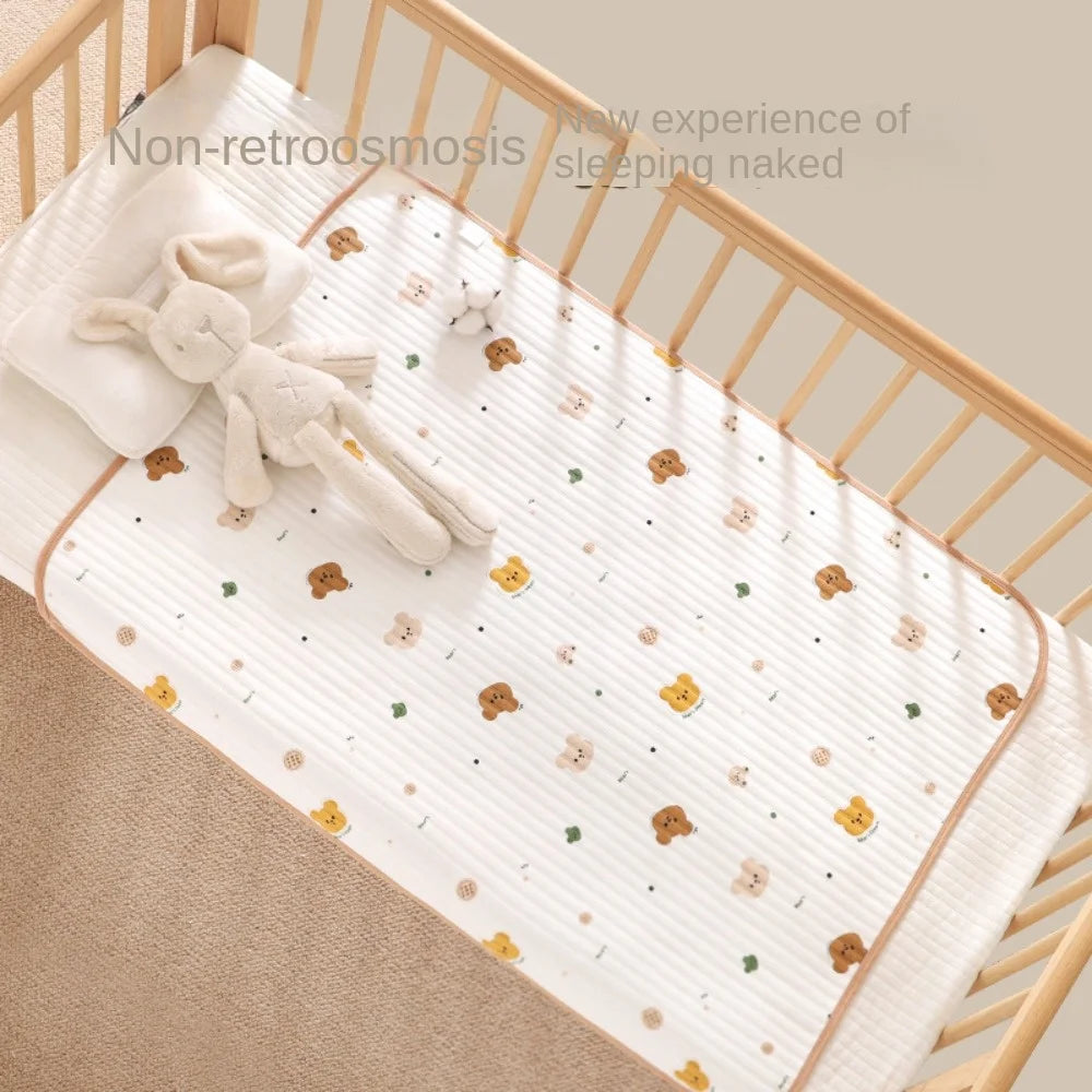 tapis lit enfant moderne rayures animaux ours lapins blanc beige marron vert