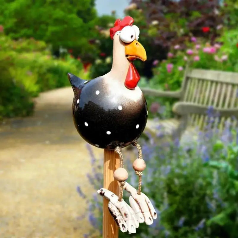statue décorative poulet noir blanc rose jaune rouge points bec coquille patio clôture jardin
