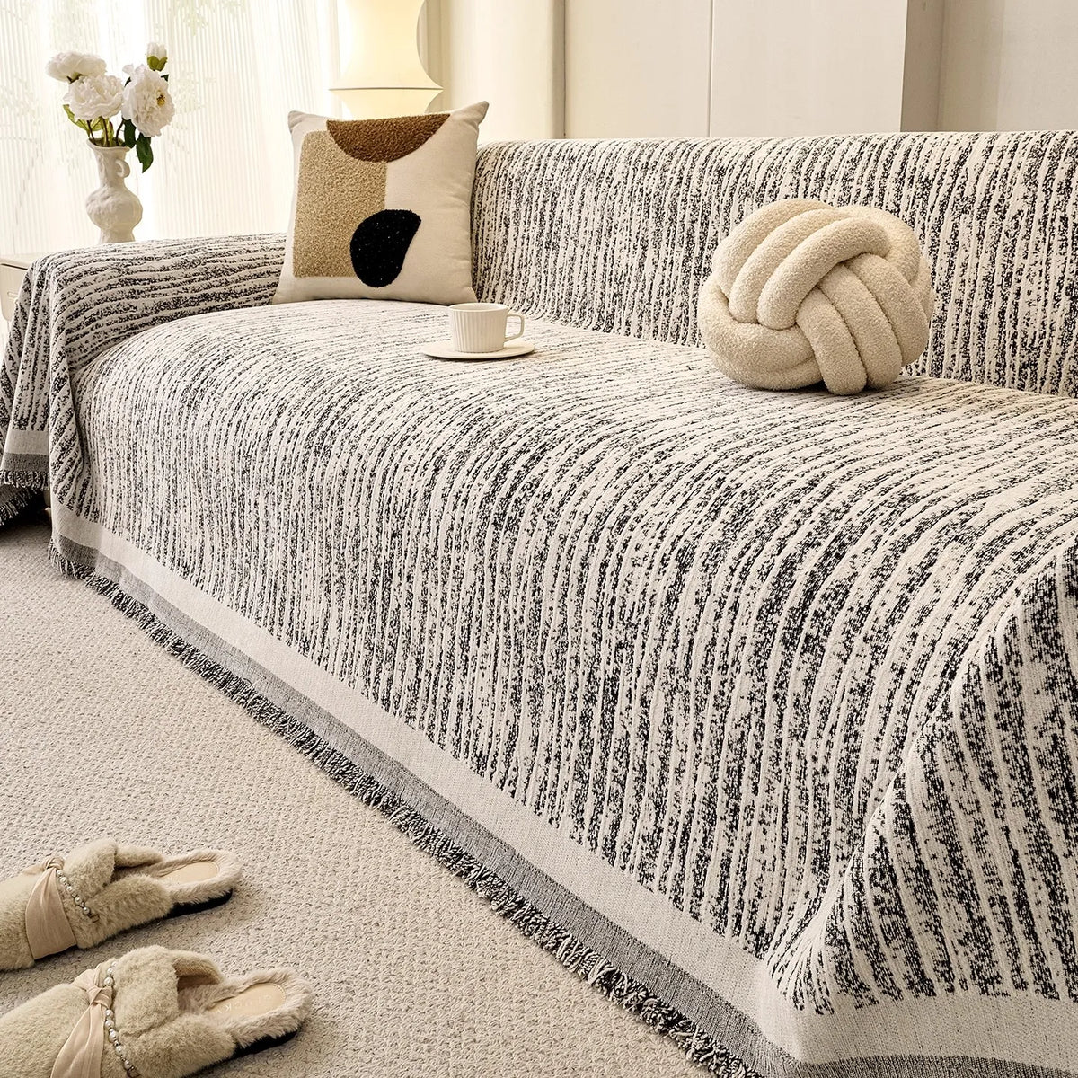 housses canapé moderne beige gris vert rayures chenille polyestère universal toutes saisons