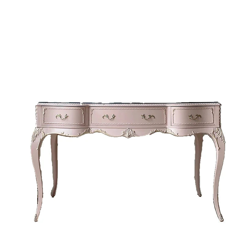 maquillage classique rose clair décorations baroques verre opaque tabouret miroir triptyque vase fleurs