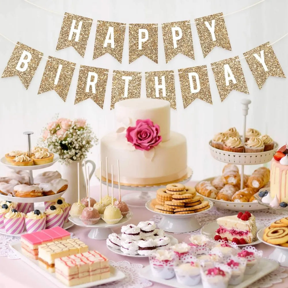 guirlande festivités or rose paillettes lettres happy birthday décoration anniversaire fil blanc festive papier