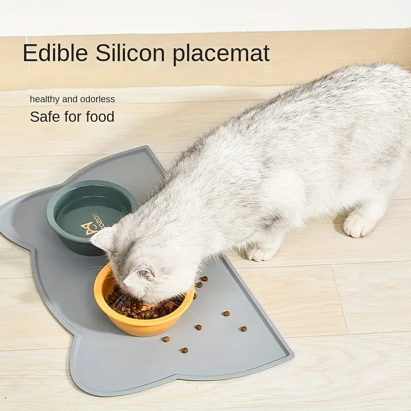 tapis repas animaux compagnie gris tête animaux motif moderne deux bols