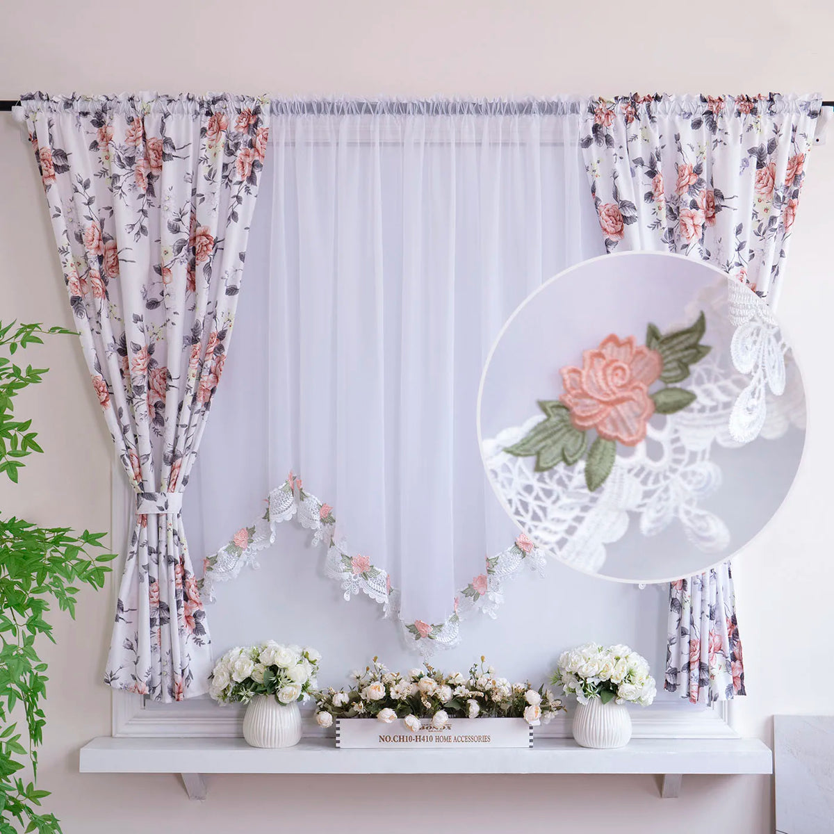 rideau polyester fleur rose dentelle blanche classique transparent dorés salon chambre coucher
