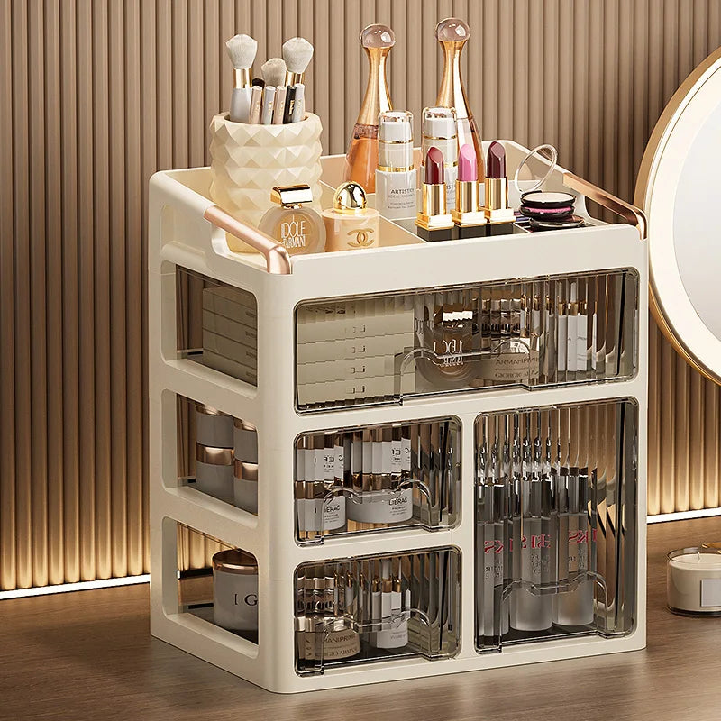 boîtes rangement cosmétiques moderne pliables beige clair poignées dorées étiquettes produits