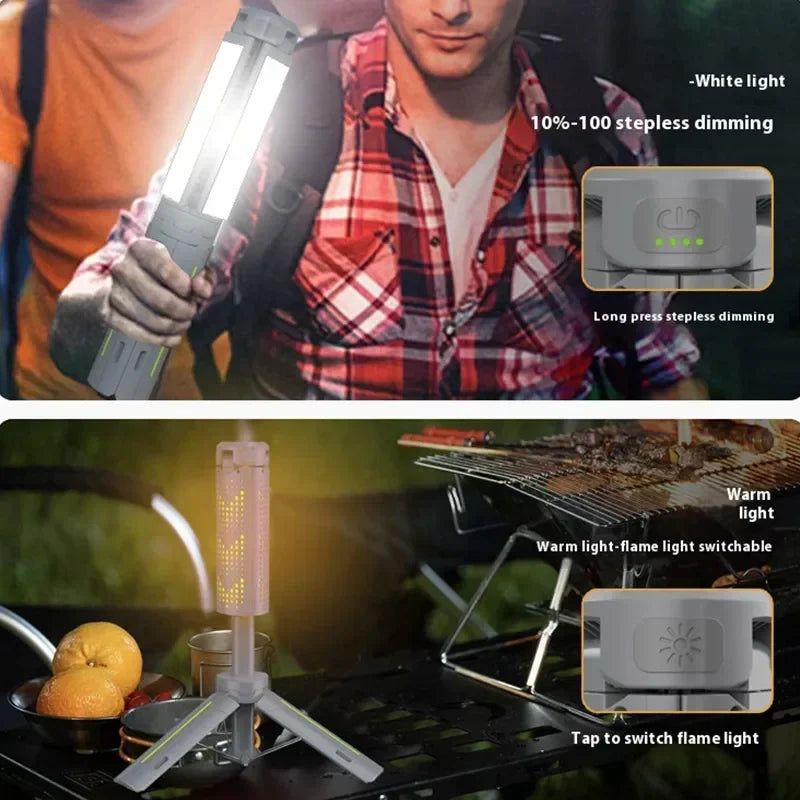 lampe camping rechargeable 8000mAh gris vert multifonctionnelle modes étanche trépied portable