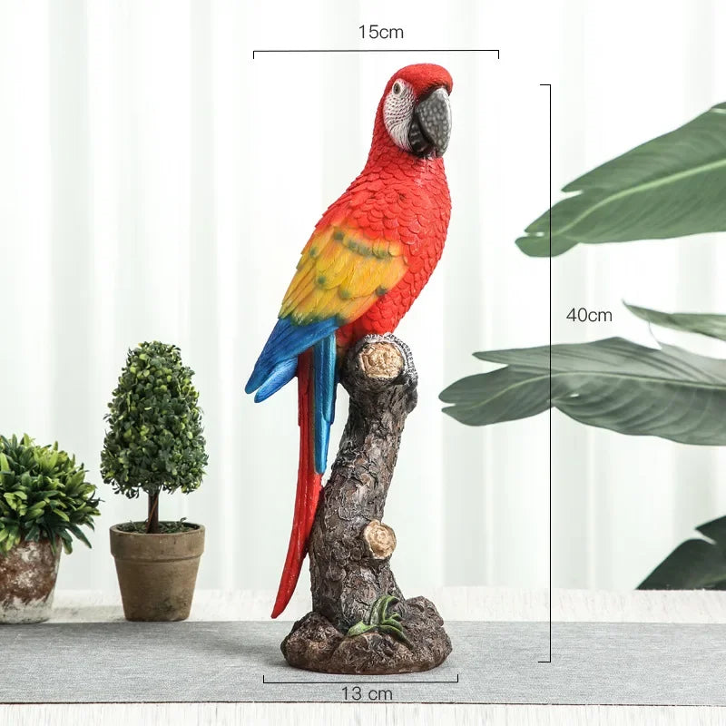décoration noël statue oiseau réaliste résine peinte rouge jaune bleu vert support bois