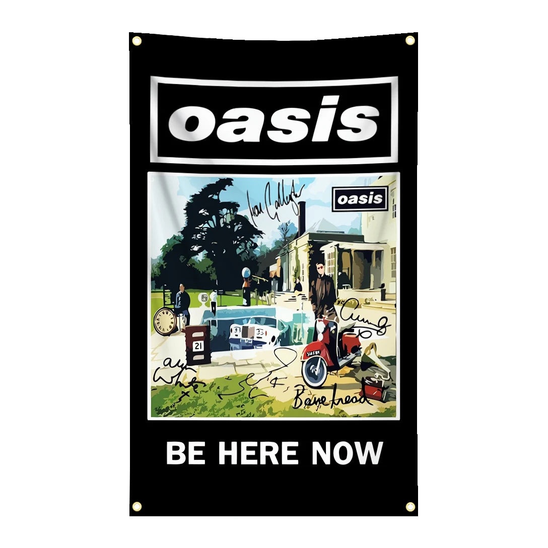 bannière rock vintage oasis logo union jack scène musicale noir rouge bleu