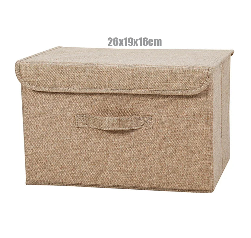 boîte rangement pliable tissu lin gris beige couvercle poignées vêtements