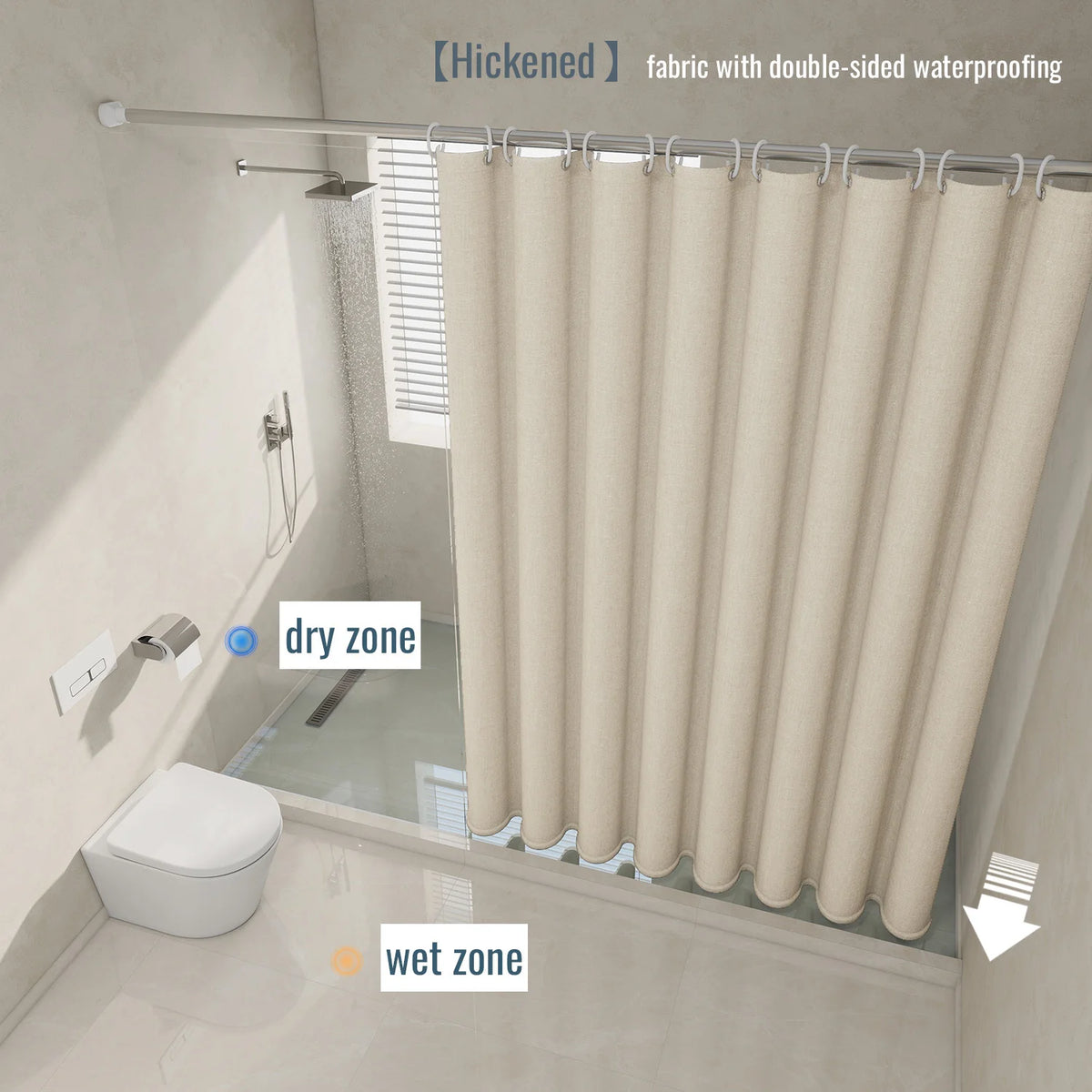 rideau douche beige texturé lin polyester moderne minimaliste opacité totale tringle pesé