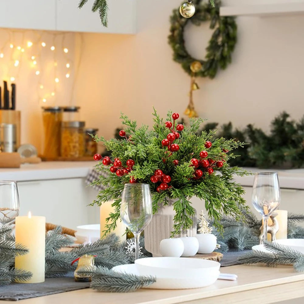 bouquet artificiel branches vertes baies rouges naturel decoratif noel decoration intérieure feux verts rouges