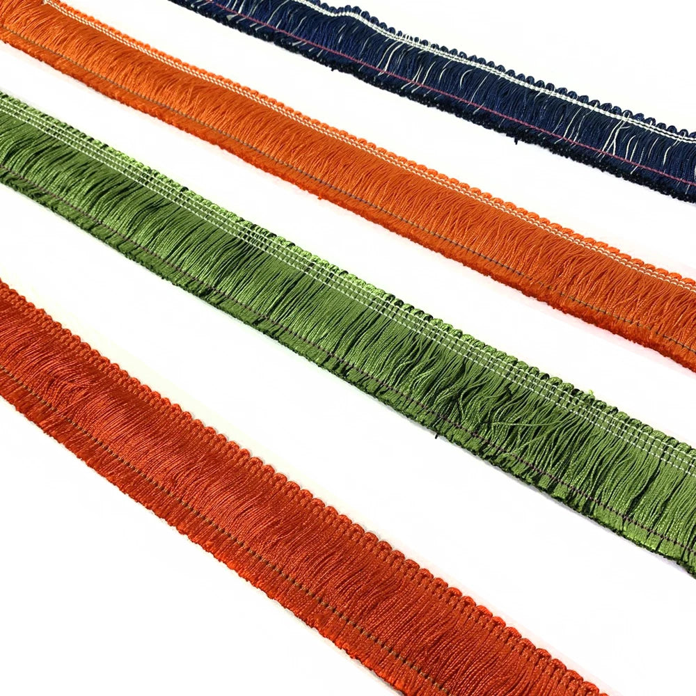ruban frisé texturé bleu marine orange vert franges opacité decoratif maison textile