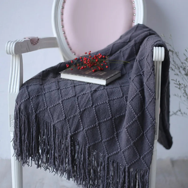 plaid motif losange franges couleurs rose beige vert gris chambre décoration hiver cozy champêtre
