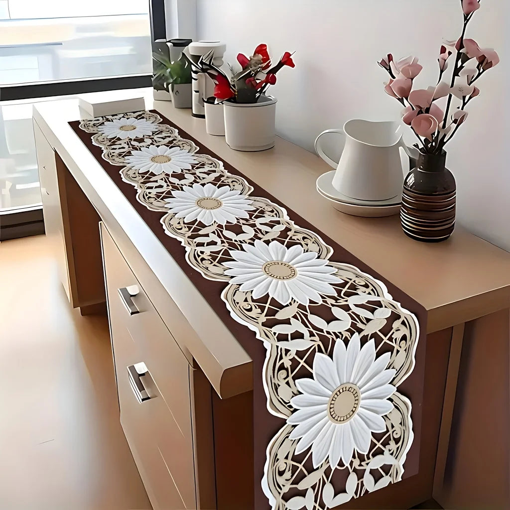 nappe décorative motif tournesols floral marron foncé beige blanc table mariage fête