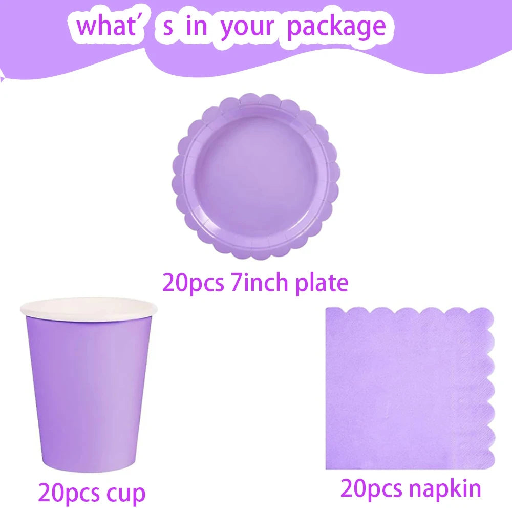 vaisselle jetable violet pastel assiettes gobelets serviettes nappe festive anniversaire mariage baptême