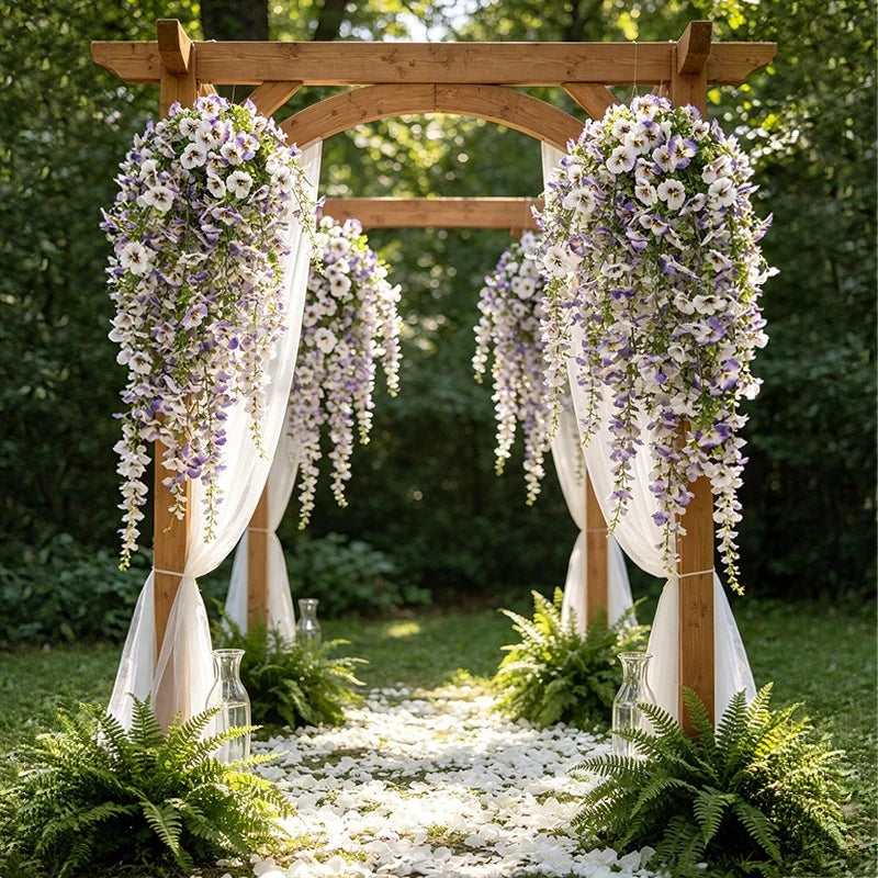 guirlande suspendue artificielle fleurs roses blanches violettes orange jaunes naturelles decoration jardin fete mariage
