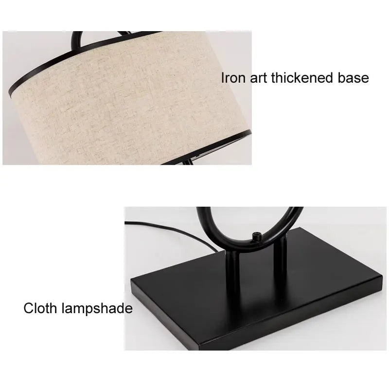 lampe table tissu texturé moderne asiatique pompon abatjour opaque métal noir