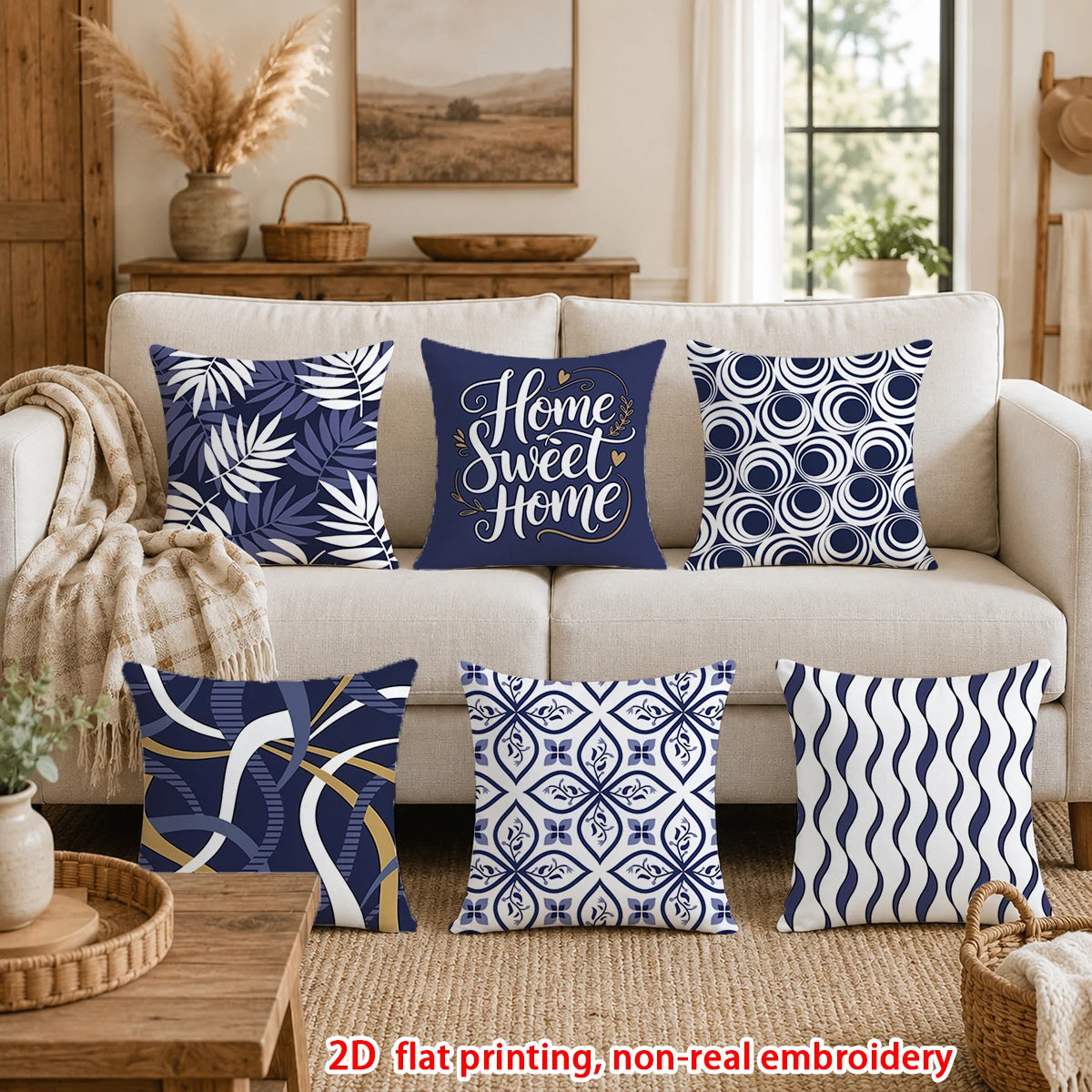housse coussin bleu marine motif géométrique feuilles palmier sweet moderne minimaliste polyester