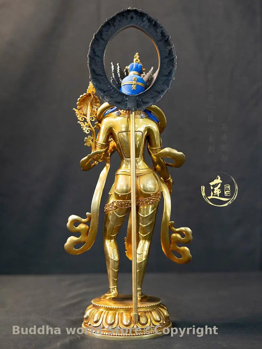 statue bouddhiste or bleu argent rouge motifs floraux complexe tibetain halo doré couronne sceptre