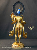 statue bouddhiste or bleu argent rouge motifs floraux complexe tibetain halo doré couronne sceptre