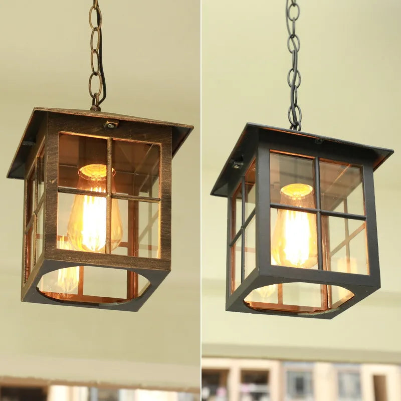 lampe suspendue vintage noir bronze verre transparent barreaux carré salon chambre adjustable(chain)