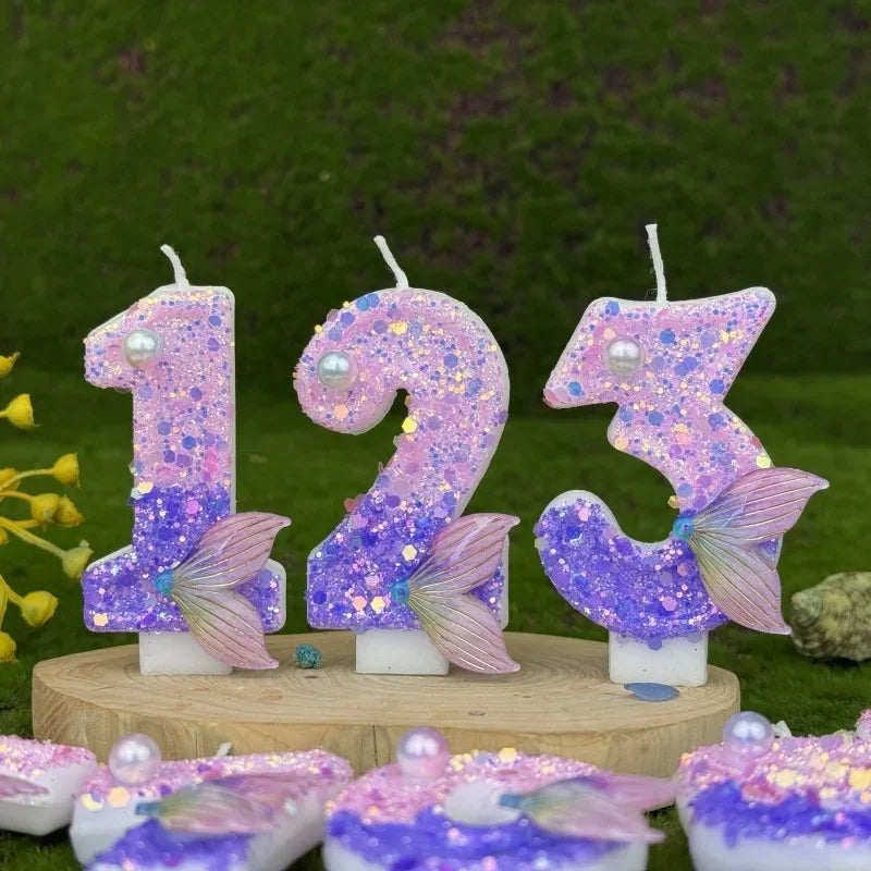 bougies anniversaire chiffres violet paillettes pois dorés thème sirène festive mariage