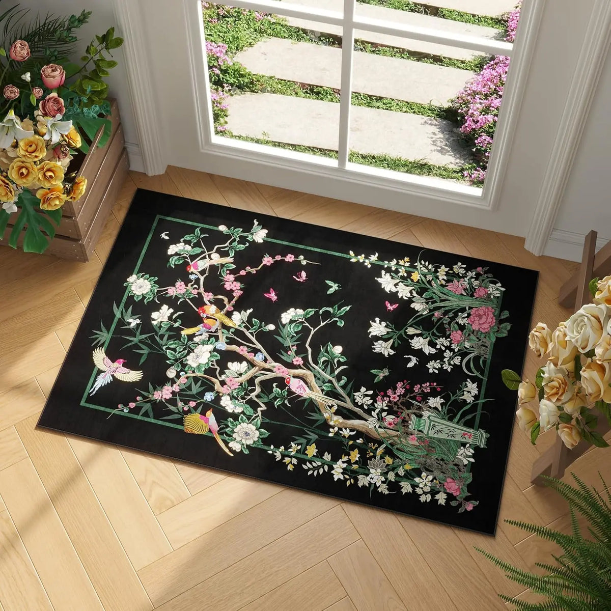 tapis sol floral oiseaux fleurs vert bleu beige résistant antidérapant moderne