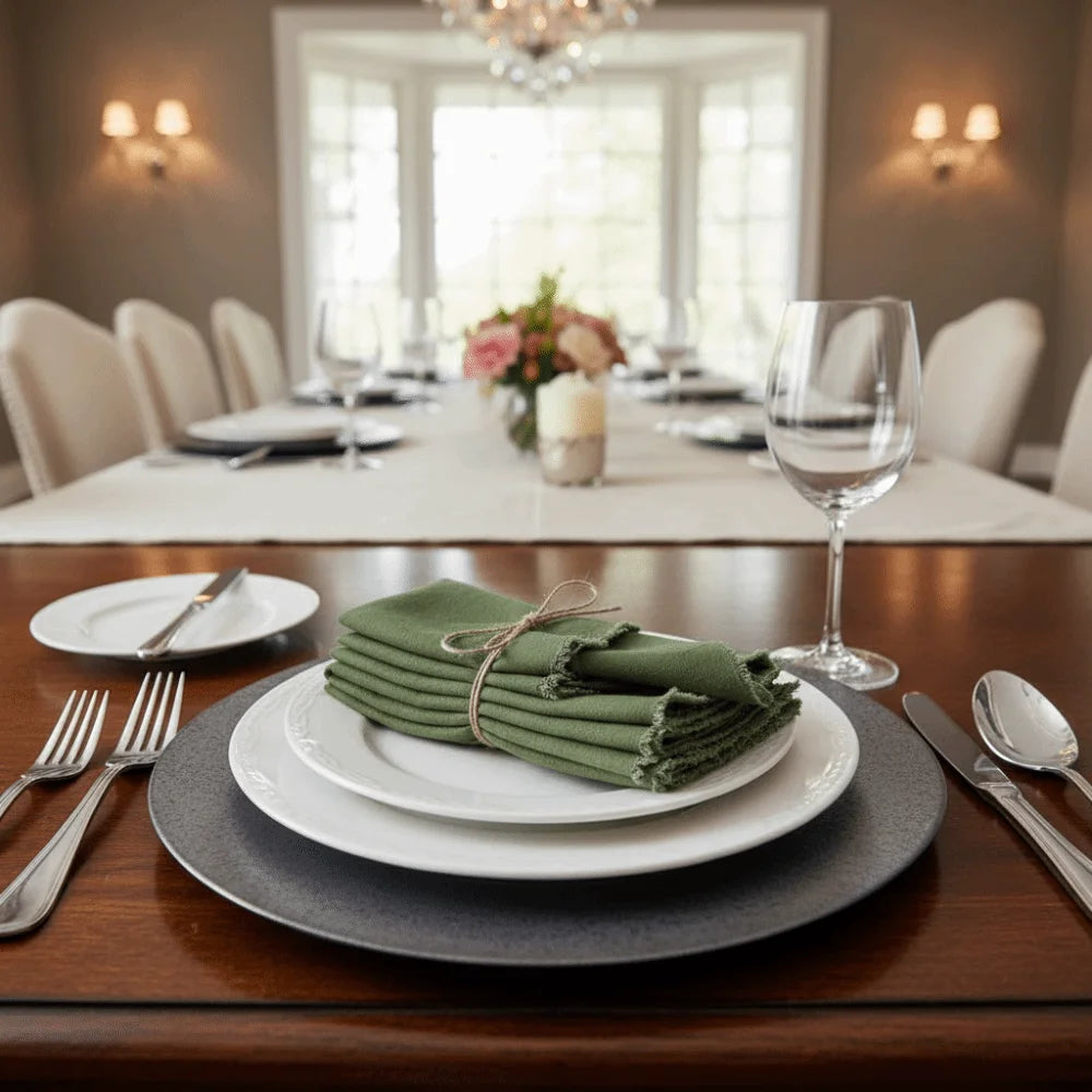 serviettes table vert foncé beige rose blanc uni franges rustique cuisine domestique