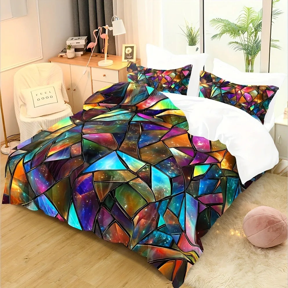 ensemble literie multicolore géométrique moderne housse couette taies d'oreiller brillantes effet galaxie double queen